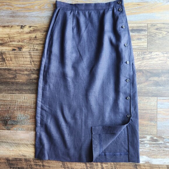 Vintage Ralph Lauren Blue Label USA Linen Side-Button Midi Pencil Skirt Blue - Picture 1 of 12